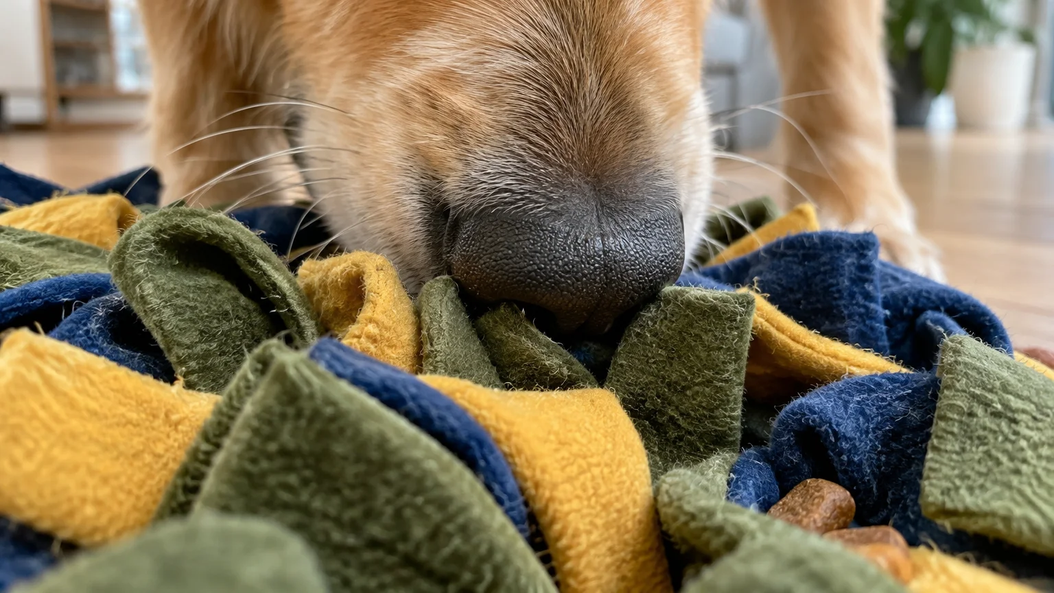 Close-up of a dog's nose sniffing through green, blue, and yellow fabric folds of a snuffle mat with kibble.