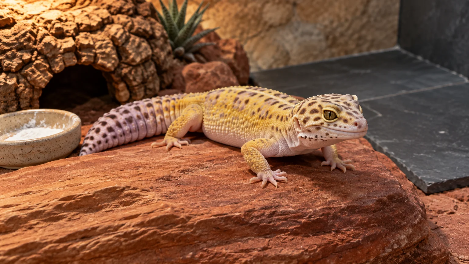A spotted yellow and lavender leopard gecko rests on a red rock in a terrarium next to a dish of calcium powder.