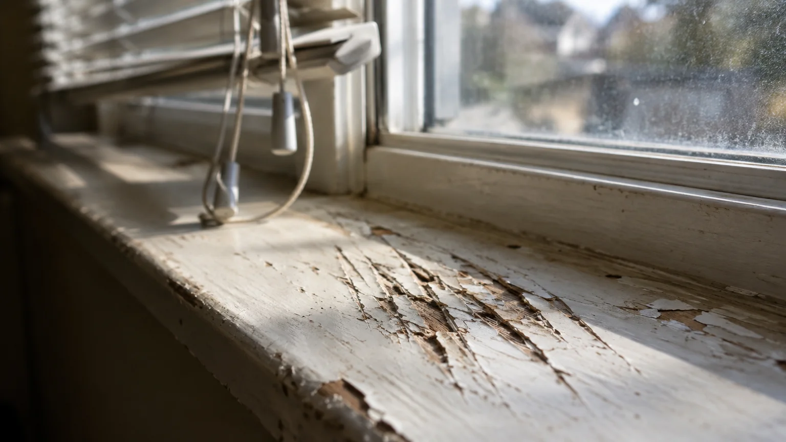 Deep scratches gouged into a chipped white wooden windowsill beneath partially raised mini blinds.