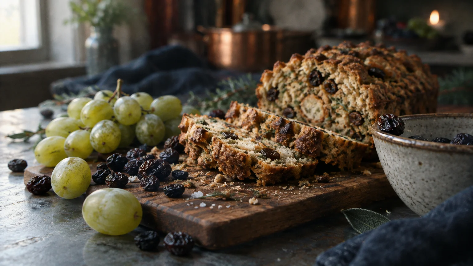 Sliced artisan bread studded with dark raisins, placed on a wooden cutting board beside green grapes and dried currants.