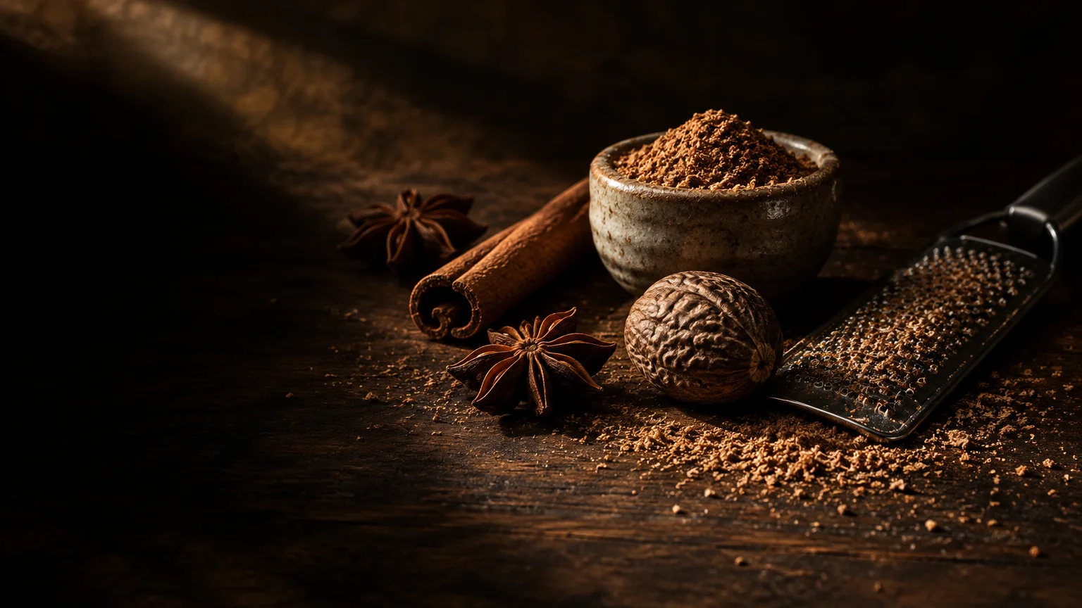 Whole nutmeg seed, cinnamon stick, star anise, small bowl of ground spice, and metal grater on a dark wood surface.