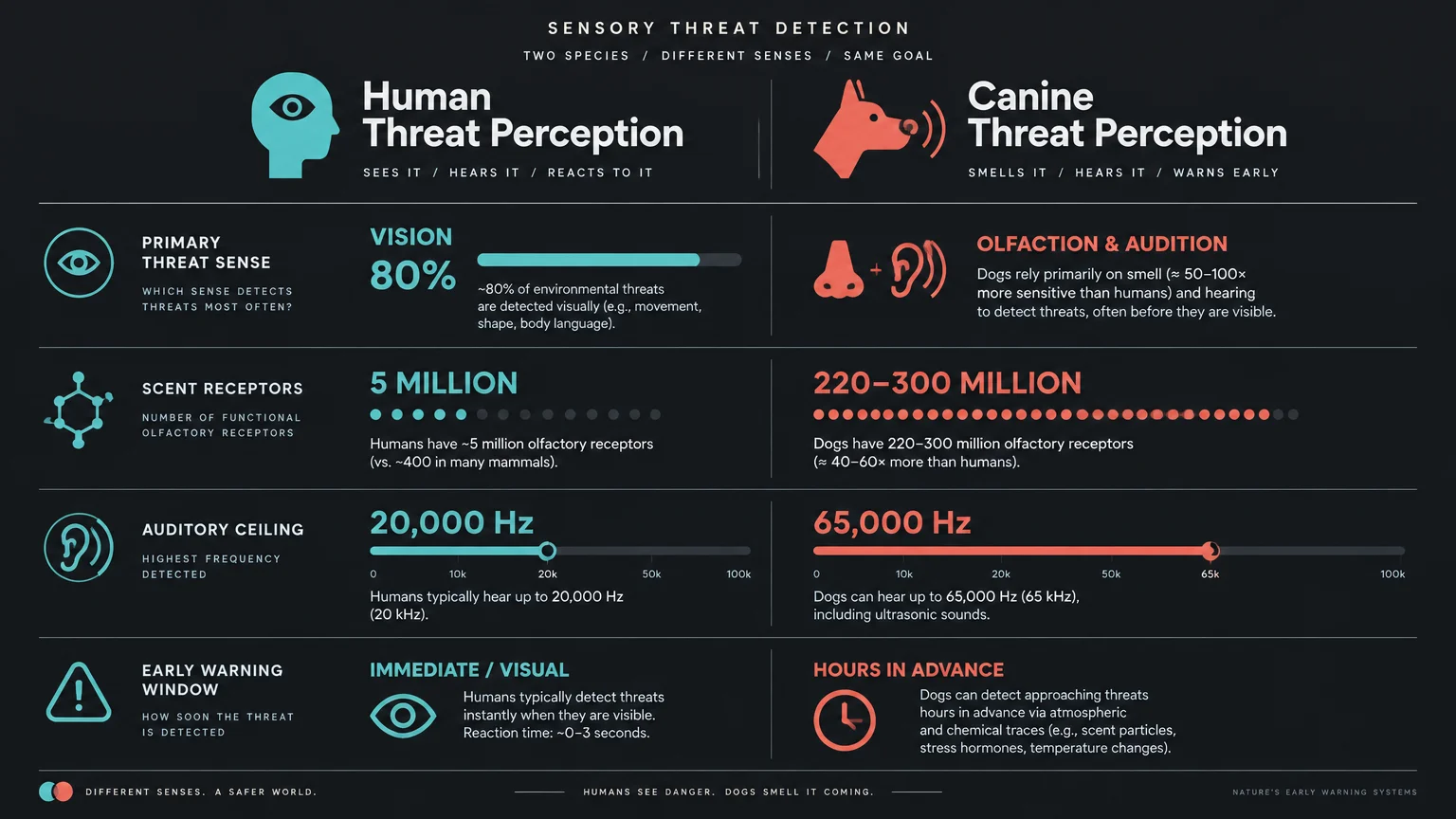 Infographic comparing human and canine threat perception across primary senses, scent receptors, and auditory ceilings.