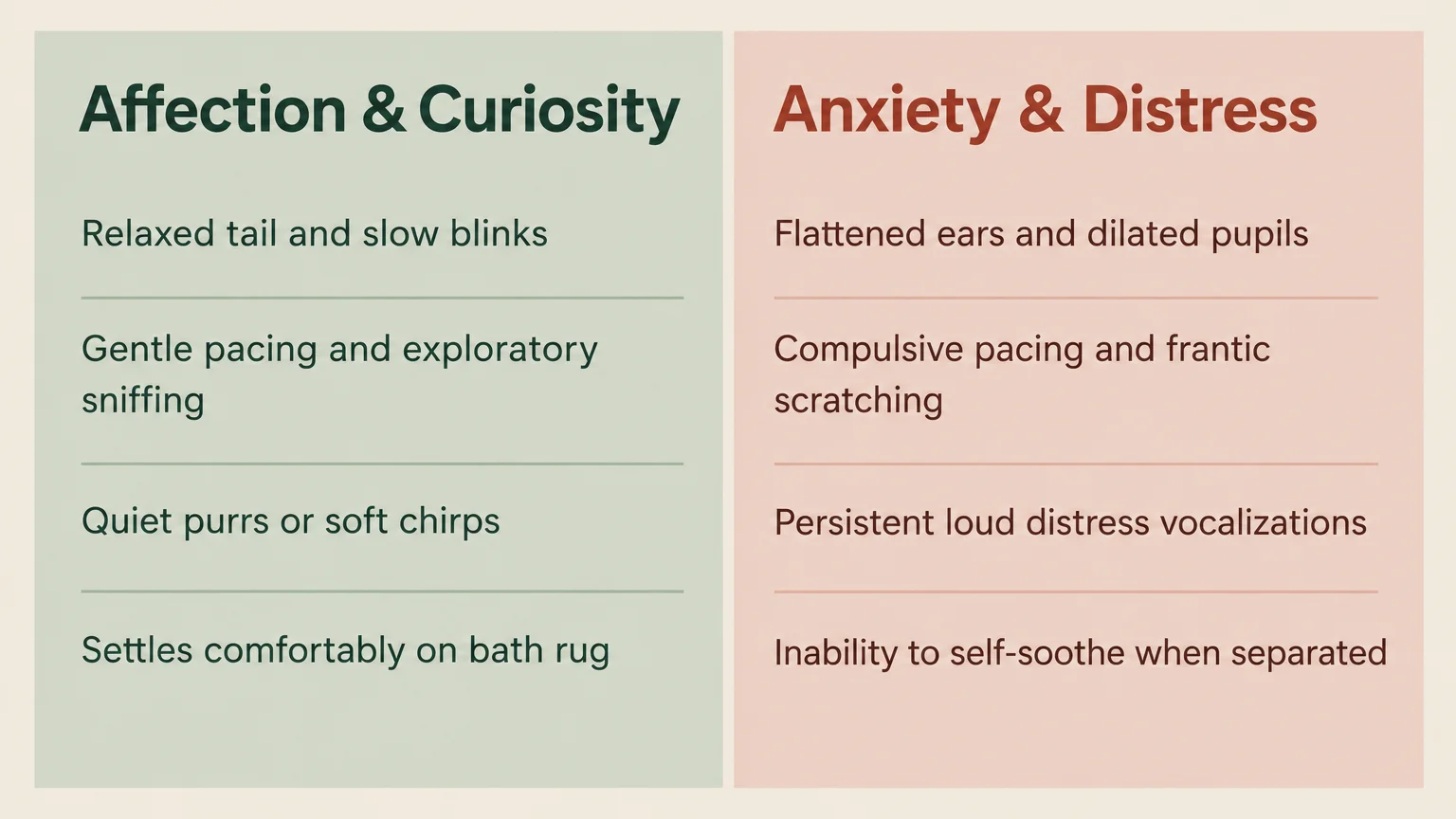 Comparison chart contrasting cat behaviors of Affection & Curiosity on green with Anxiety & Distress on pink.