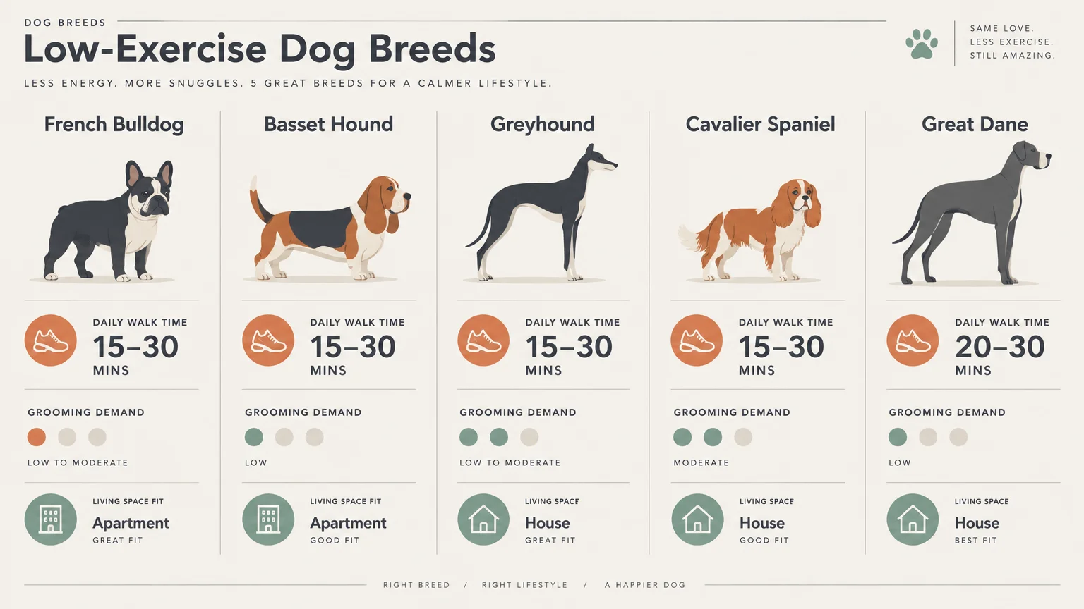 Infographic comparing walk time, grooming demand, and living space for French Bulldog, Basset Hound, Greyhound, and others.
