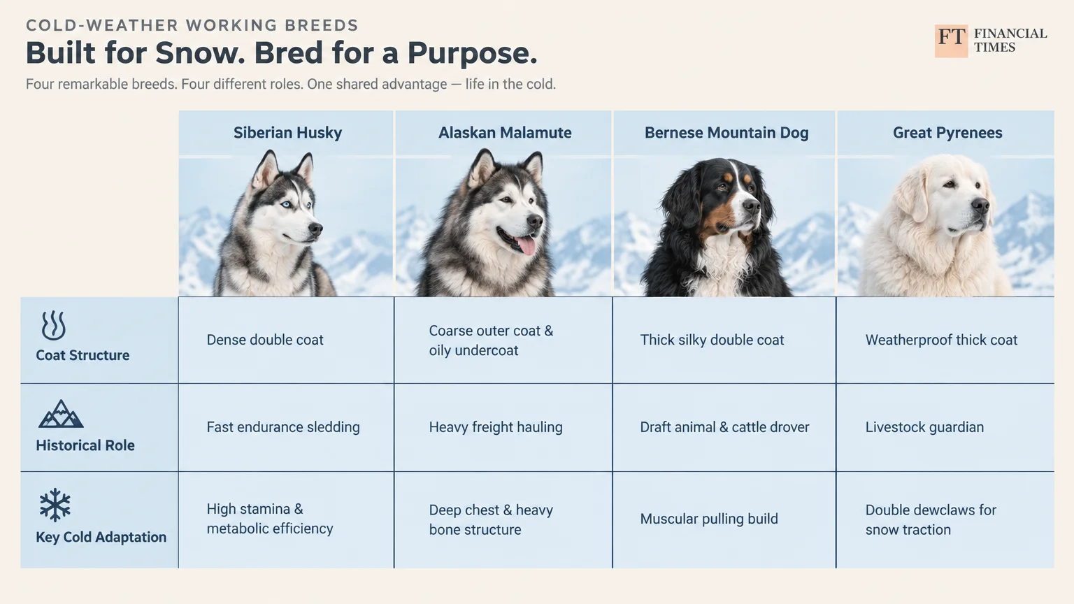 Infographic table comparing coat structure, historical roles, and cold adaptations across four winter dog breeds.