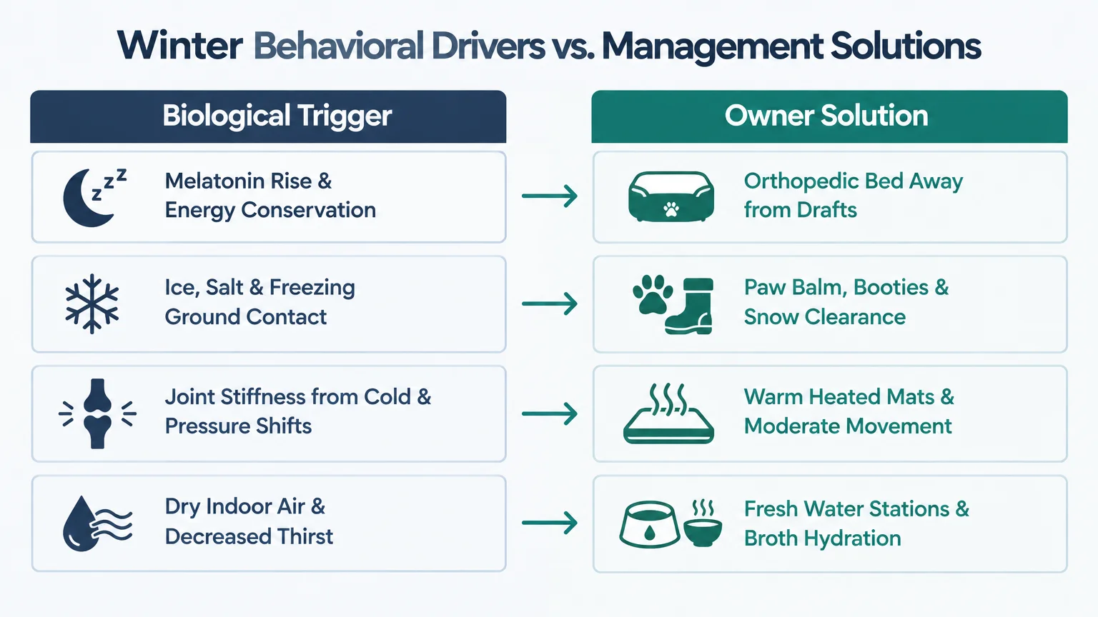 Diagram pairing four winter biological triggers with matching owner care solutions alongside icons and arrows.