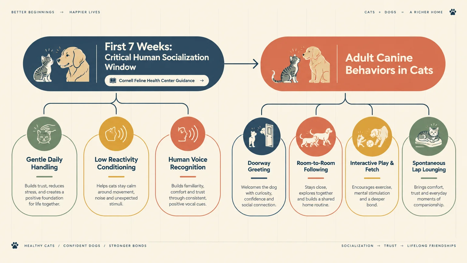 Diagram connecting early socialization during a cat's first seven weeks to adult canine behaviors like fetching and lap lounging.