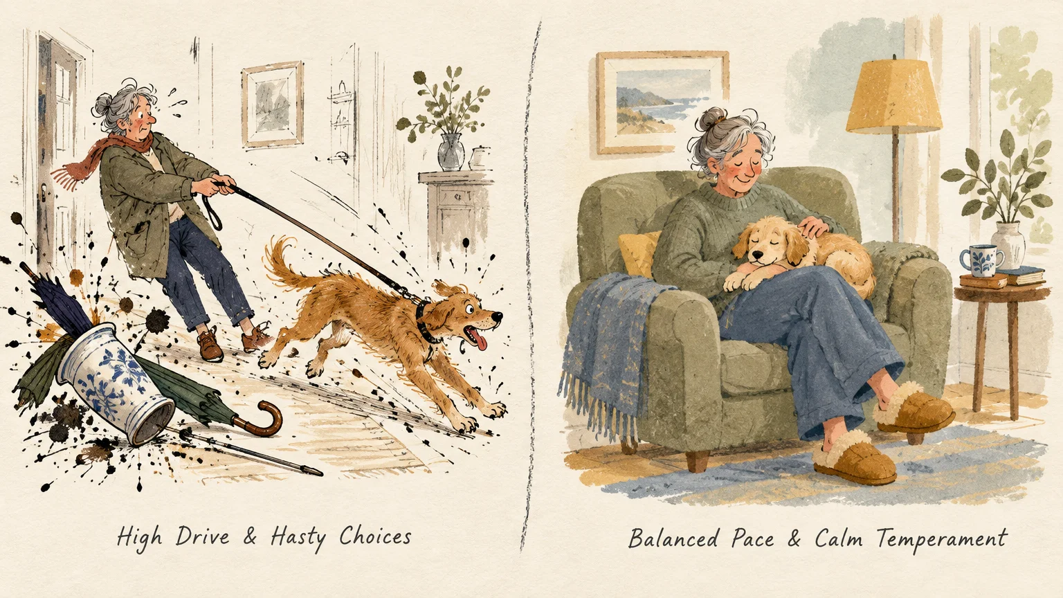 Split illustration comparing an energetic dog pulling a woman on a leash to a calm dog sleeping peacefully on her lap.