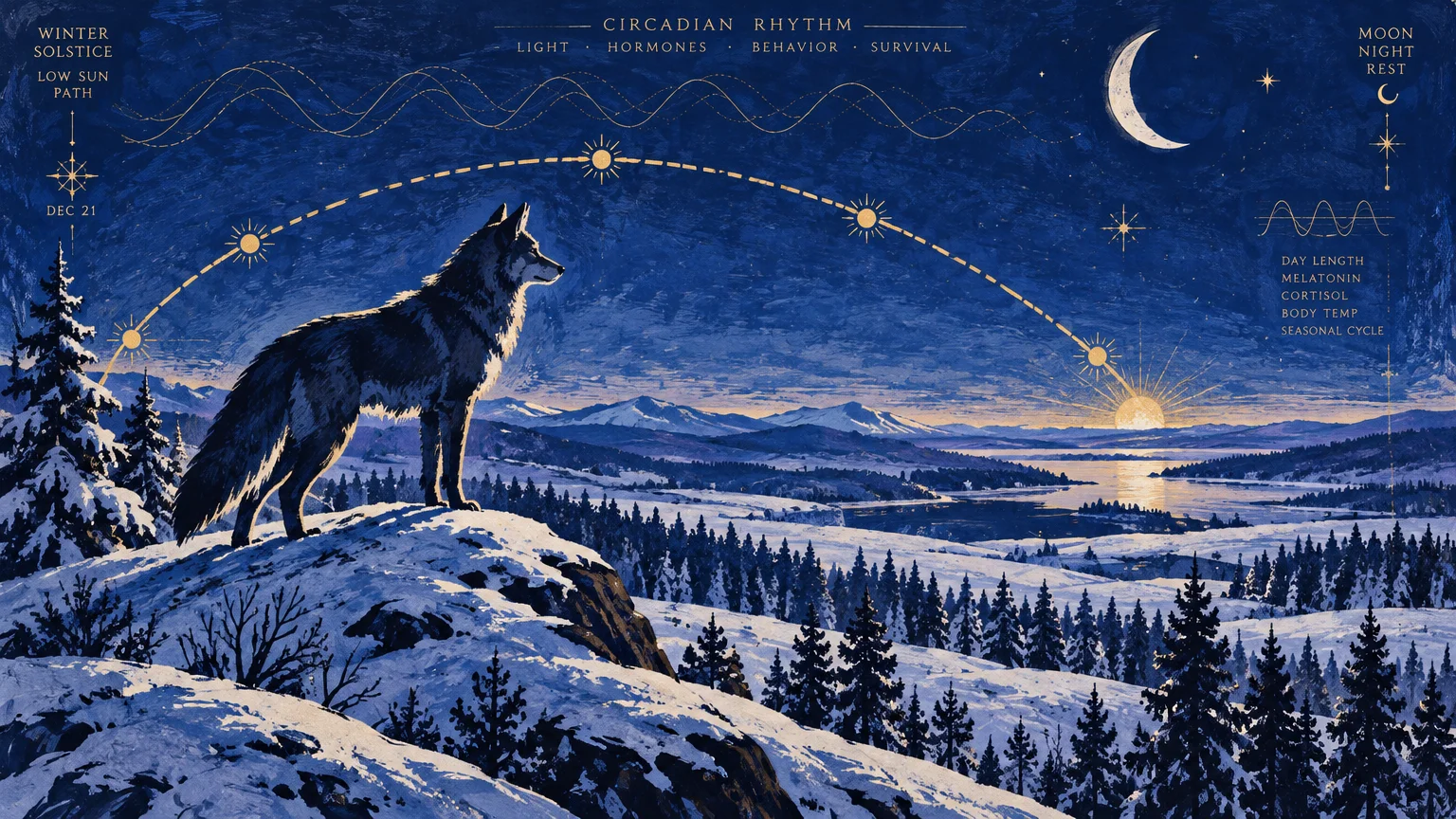 Illustration of a wolf on a snowy ridge overlooking a winter landscape, framed by celestial and circadian cycle diagrams.