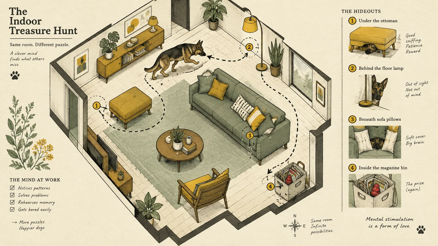 Isometric illustration of a German Shepherd following a dotted path to four hiding spots in a living room.