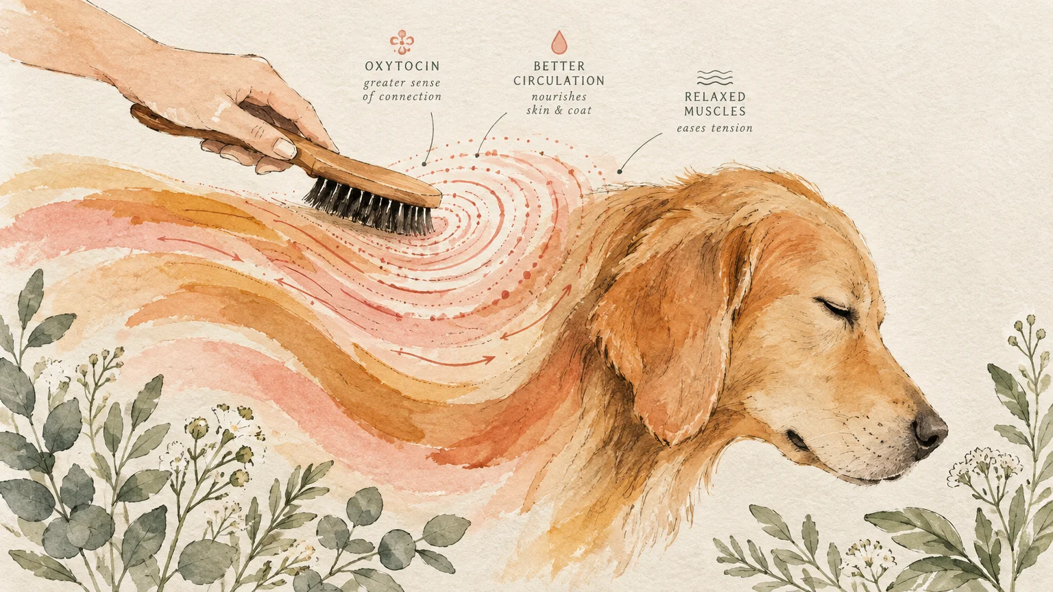 Watercolor illustration of a hand brushing a golden retriever, with swirling lines labeled with benefits like oxytocin.