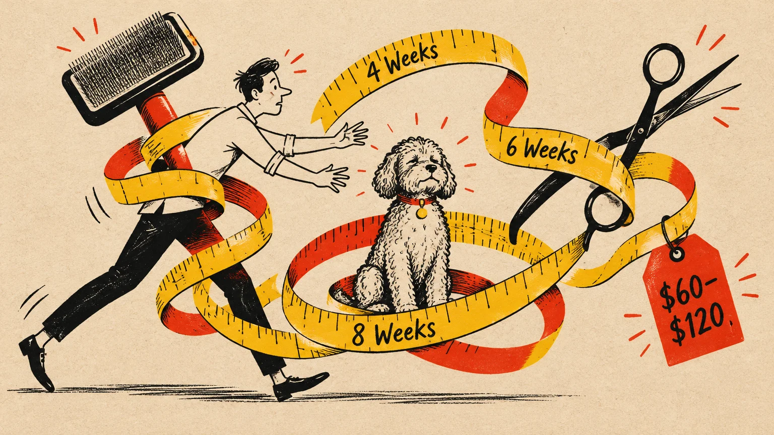 A man reaches toward a small curly dog tangled in a measuring tape alongside giant grooming shears and a brush.
