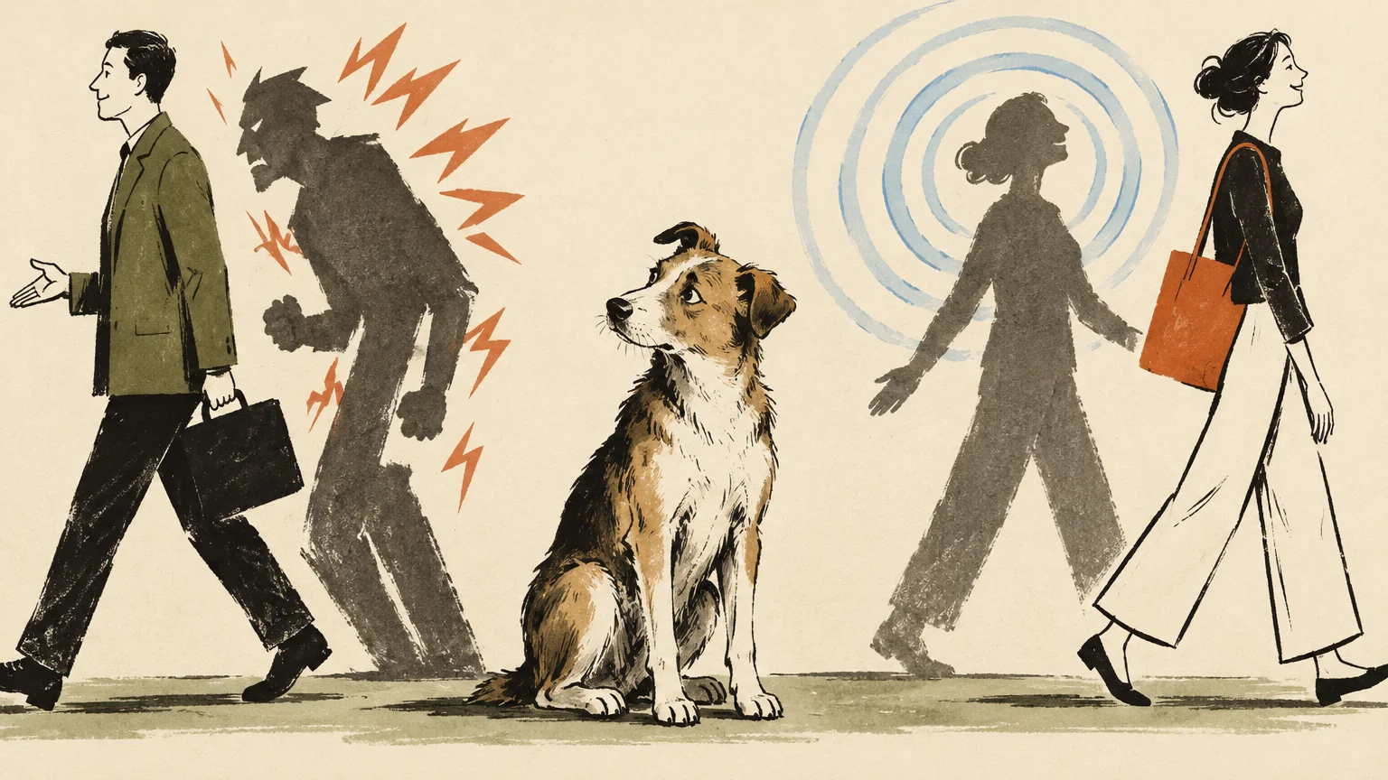 A dog sits between a walking man with an aggressive shadow and a walking woman with a peaceful silhouette shadow.