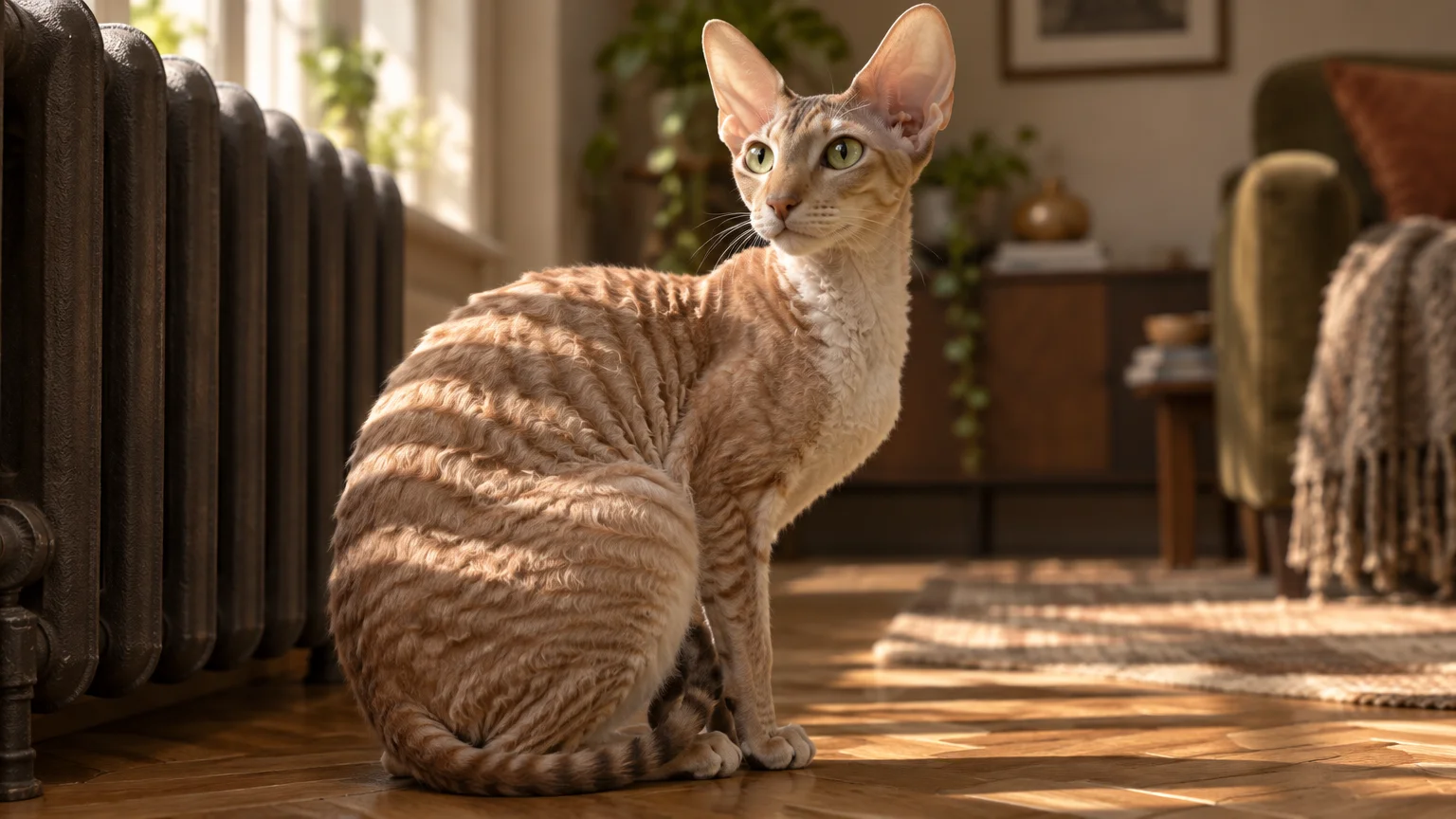 A slender Cornish Rex cat with wavy orange fur and large ears sits on a wooden floor near a radiator.