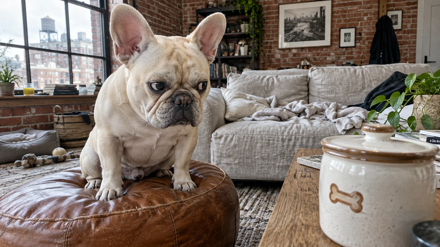 A fawn French bulldog sitting on a brown leather pouf looks toward a ceramic treat jar in a living room.