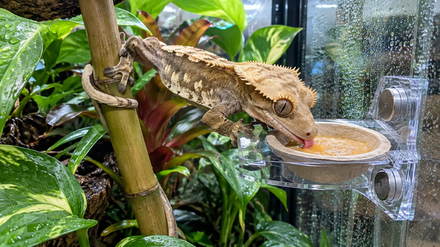 A crested gecko perches on a bamboo pole while licking a powdered fruit diet from an elevated feeding dish.