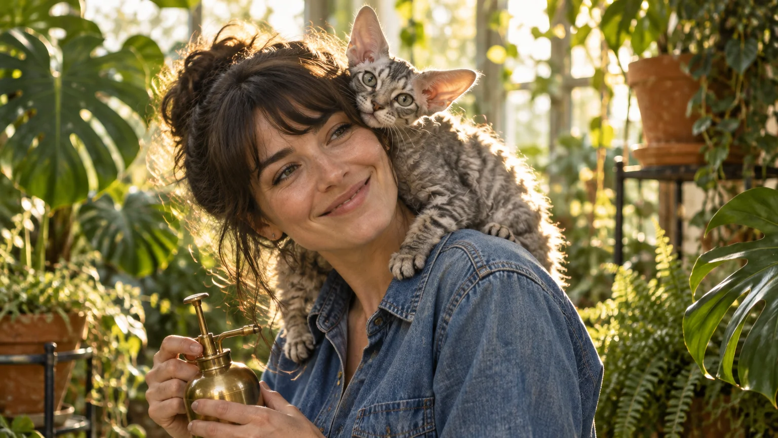 A smiling woman holding a brass plant mister with a tabby Devon Rex cat perched comfortably on her shoulder.