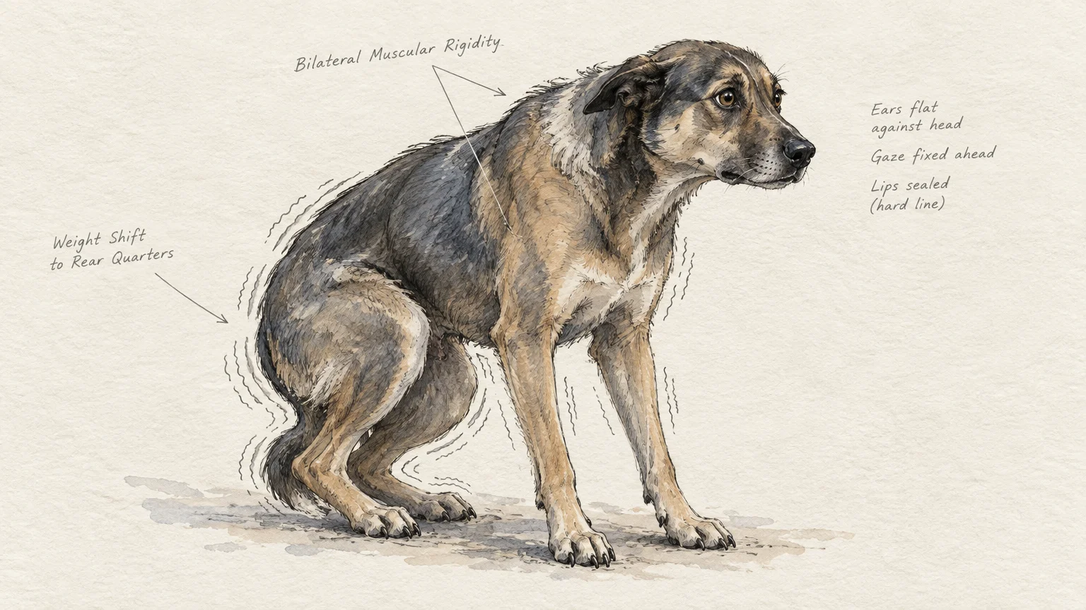 Illustration of a trembling, cowering dog with anatomical labels pointing to muscular rigidity, flat ears, and rear weight shift.