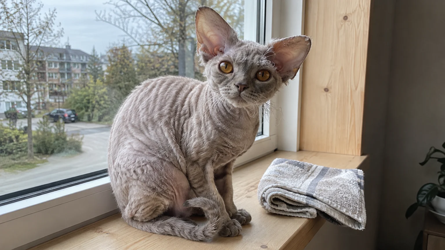 A wavy-coated Devon Rex cat sits on a wooden windowsill next to a folded towel overlooking an outdoor street.