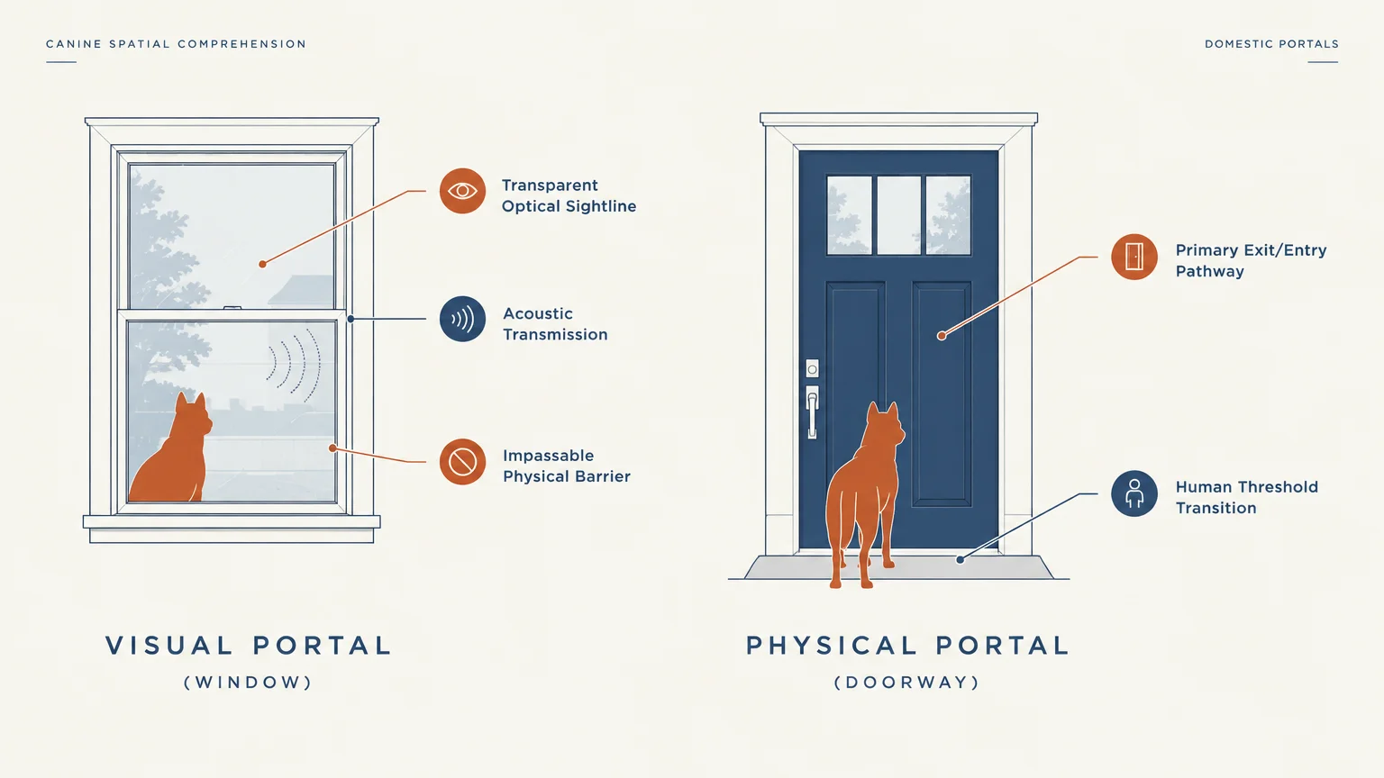 Diagram comparing a window labeled Visual Portal and an exterior door labeled Physical Portal, each showing a dog.