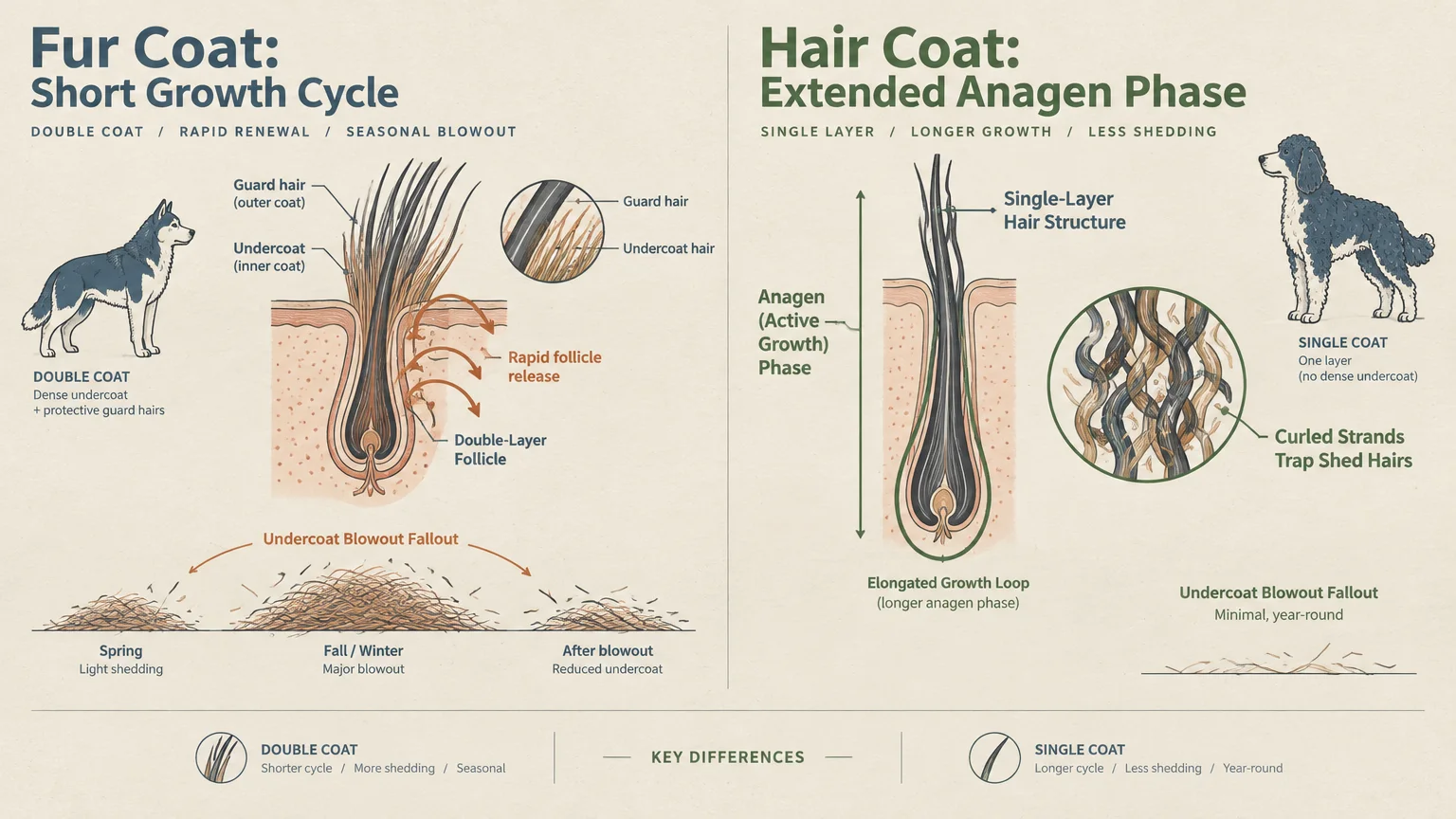 Diagram comparing a double-layer fur follicle cycle with a single-layer hair coat in an extended anagen phase.