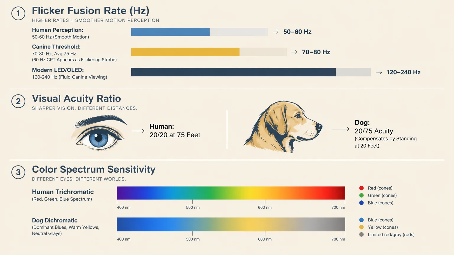 Infographic comparing human and dog vision across flicker fusion rates, visual acuity ratios, and color spectrum sensitivity.