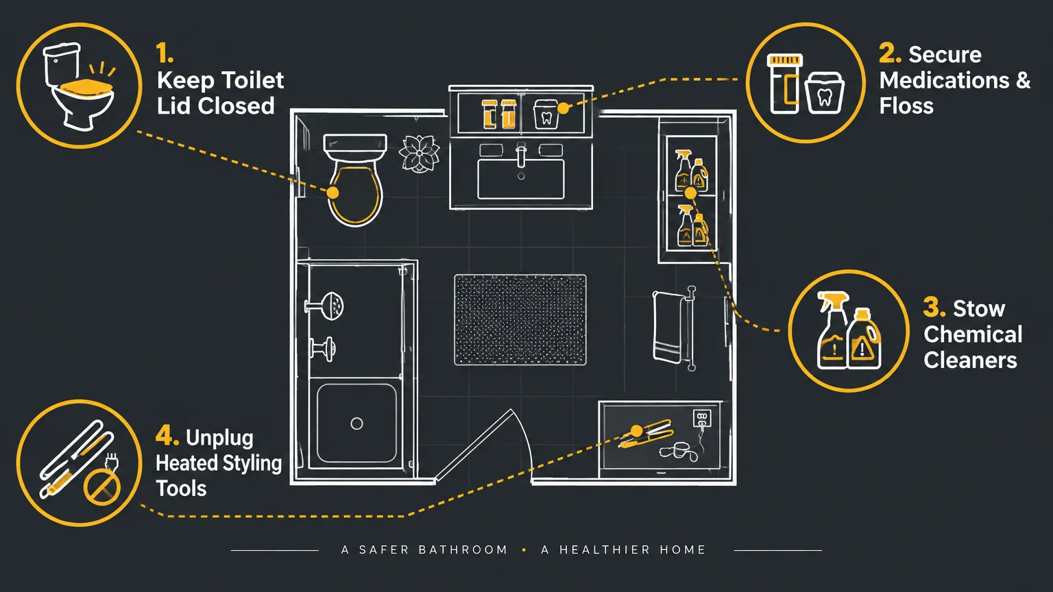 Top-down bathroom floor plan diagram highlighting four safety tips with numbered yellow callout icons.