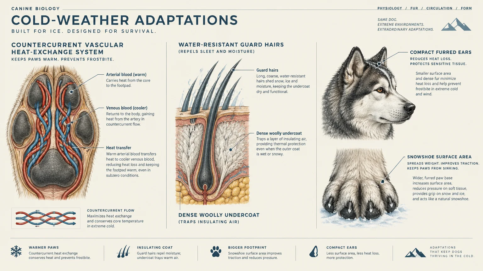 Diagram of canine cold-weather adaptations showing paw circulation, double coat structure, and husky head and paw.