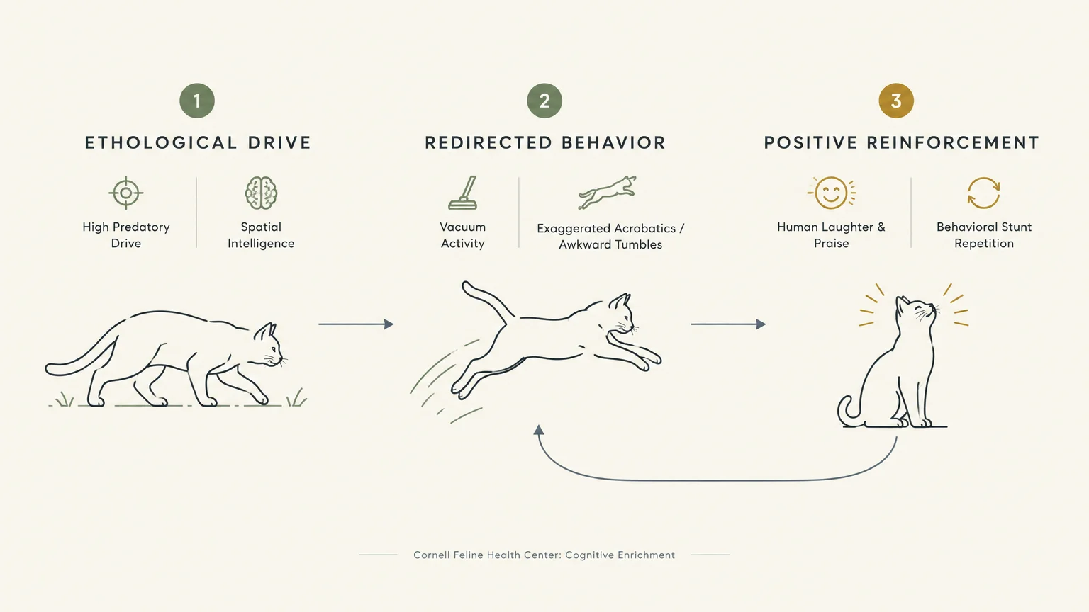 Three-step infographic showing a cat stalking, leaping, and sitting proudly, illustrating behavioral reinforcement.