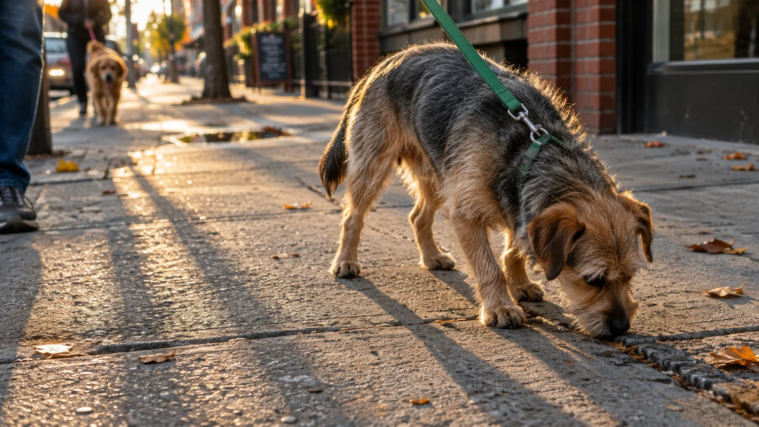 A scruffy terrier on a green leash sniffs the concrete sidewalk while another dog walks in the background.