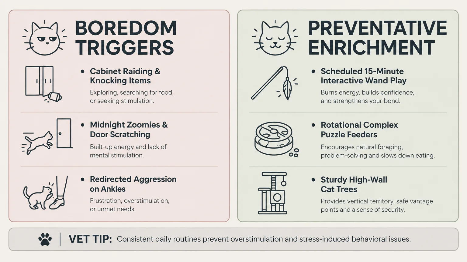 Infographic comparing cat boredom triggers like cabinet raiding with preventative enrichment like wand play and cat trees.
