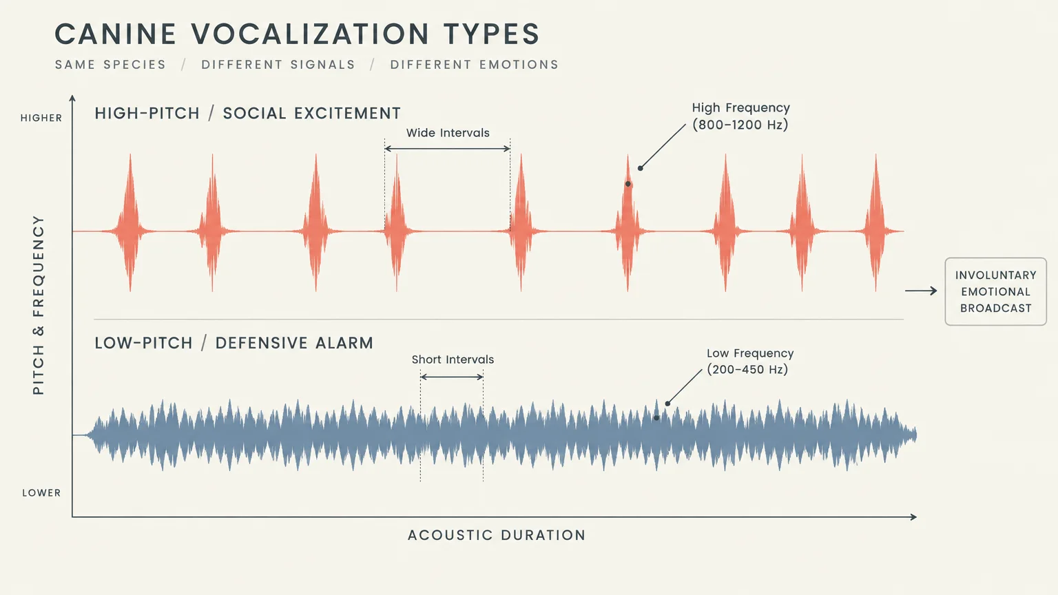 Diagram comparing high-pitch social excitement waveforms with wide intervals against low-pitch defensive alarm waveforms.