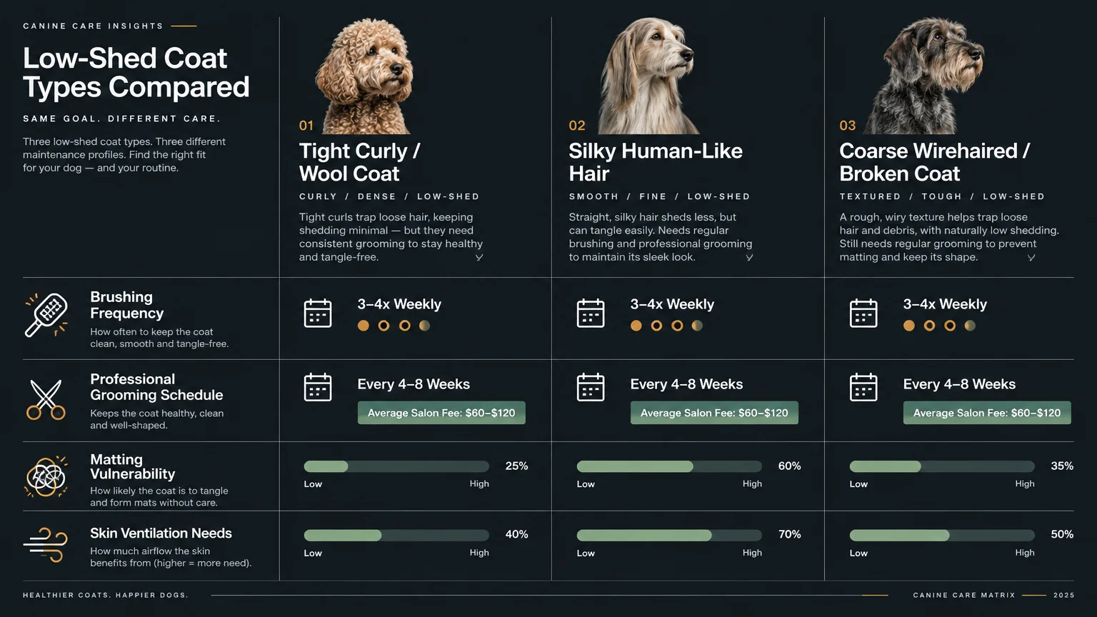 Comparison chart detailing brushing frequency, grooming schedules, and matting vulnerability across three low-shed coat types.