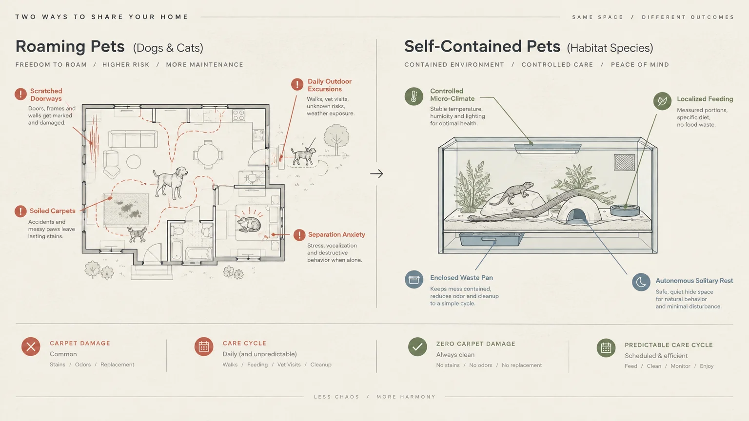 Diagram comparing roaming dogs and cats in a house floor plan versus a lizard in a self-contained habitat terrarium.