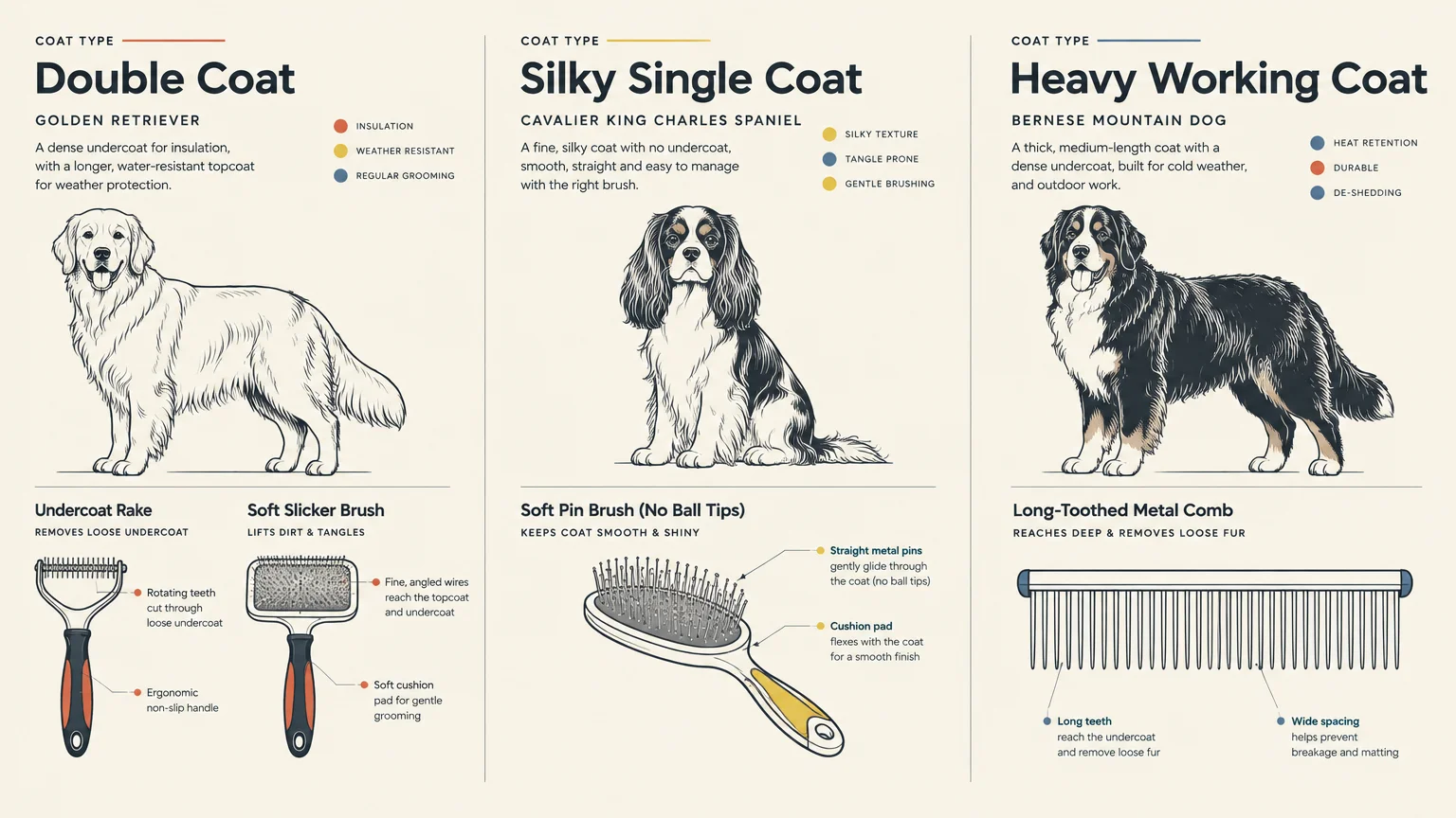 Diagram illustrating three dog breeds, their coat types, and corresponding grooming brushes with labeled parts.