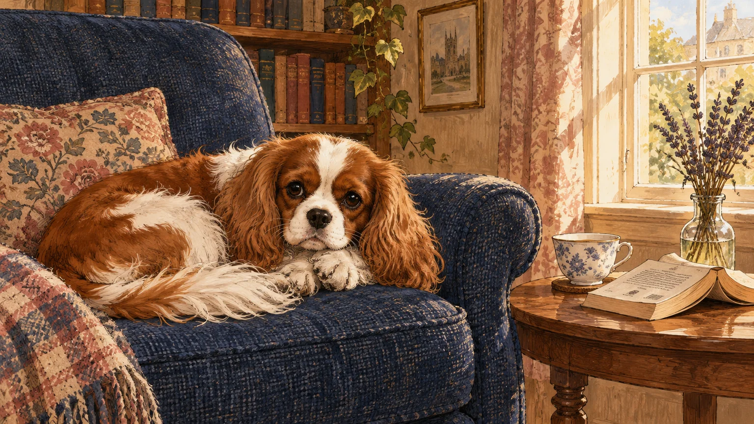 A Cavalier King Charles Spaniel curls up on a blue armchair next to an open book and teacup beside a sunny window.