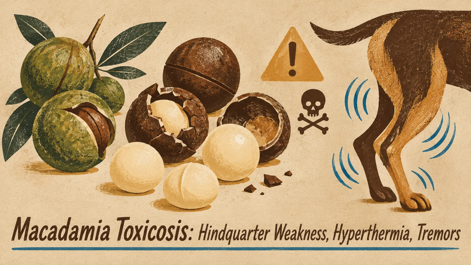 Illustration of whole and shelled macadamia nuts beside trembling hind legs of a dog with warning symbols.