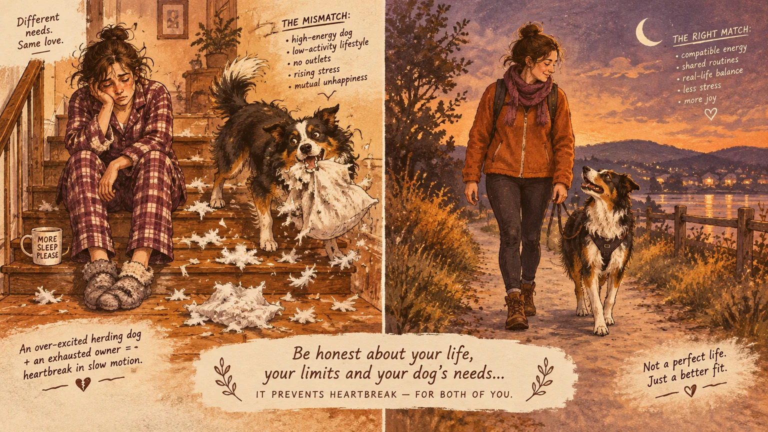 Side-by-side illustration of an exhausted woman with a destructive dog versus a happy woman hiking with her dog at dusk.