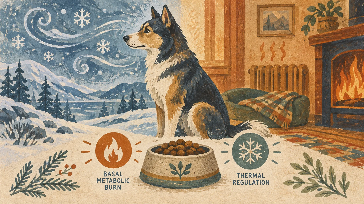 Split illustration of a dog between a snowy landscape and a warm fireplace, with a food bowl in the foreground.