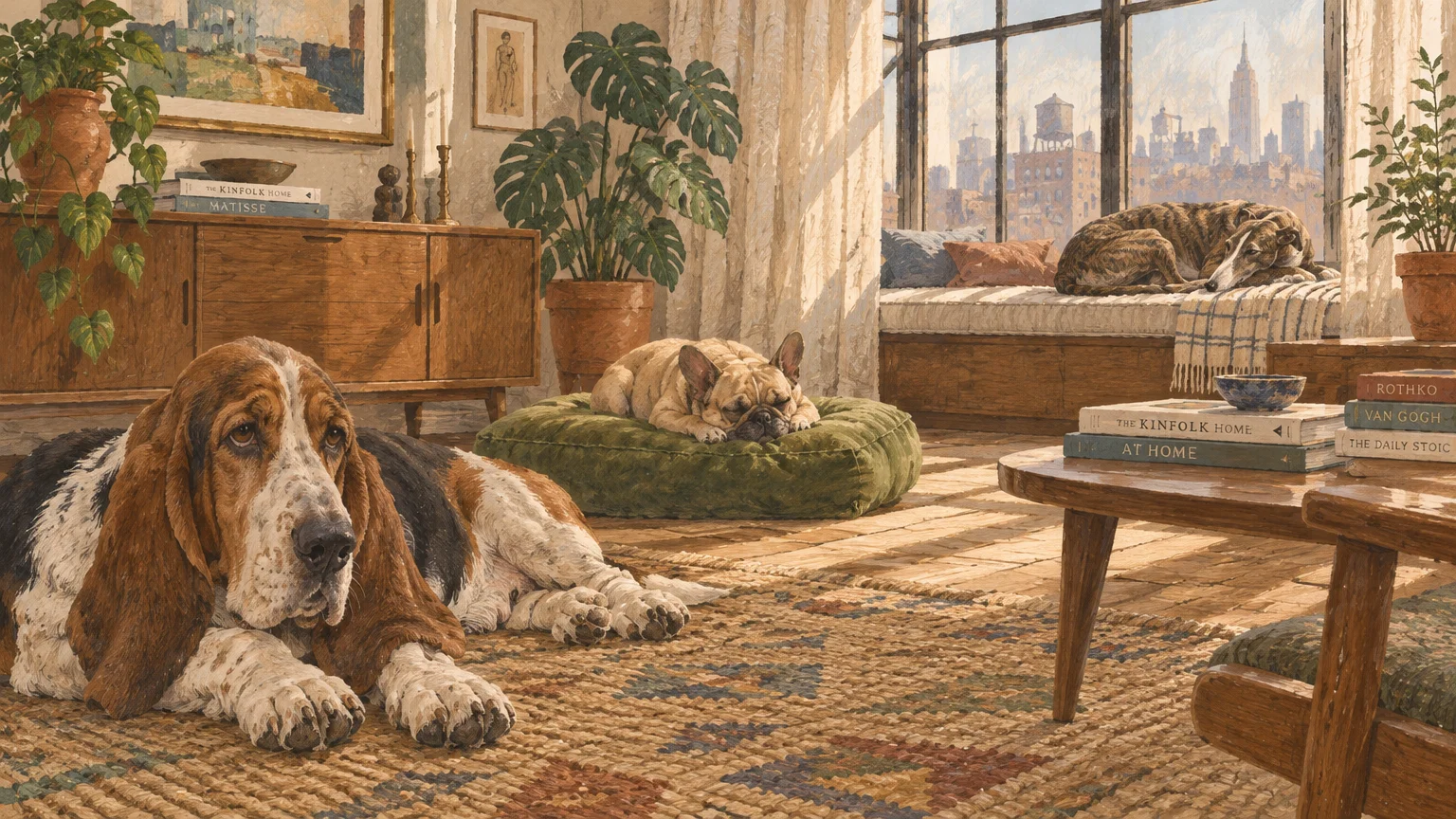 Illustration of a basset hound, french bulldog, and greyhound resting peacefully in a sunlit city apartment.