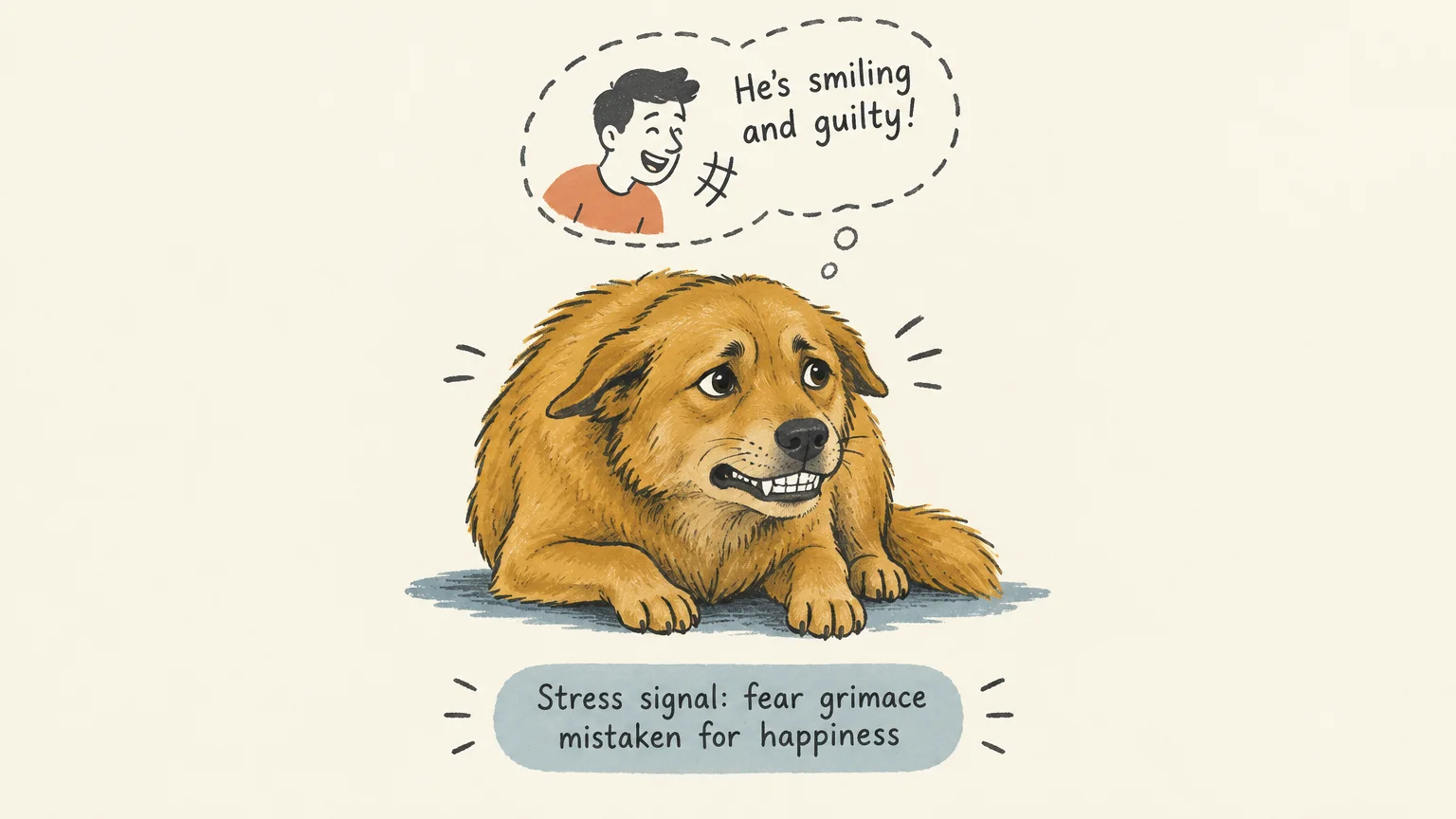 Illustration of an anxious golden dog showing teeth under a thought bubble showing a man misreading the expression.