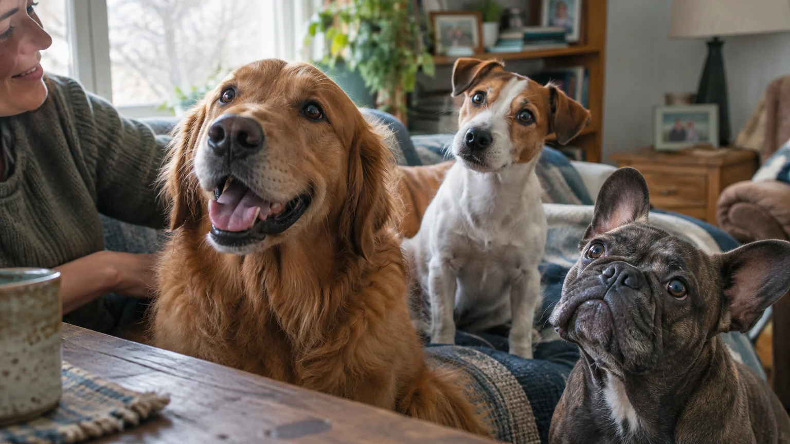 A smiling woman sits on a couch beside a Golden Retriever, a Jack Russell terrier, and a brindle French Bulldog looking up.