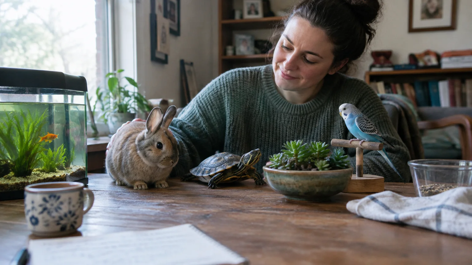 A smiling woman sits at a wooden table surrounded by a rabbit, a turtle, a blue parakeet, and a small fish tank.