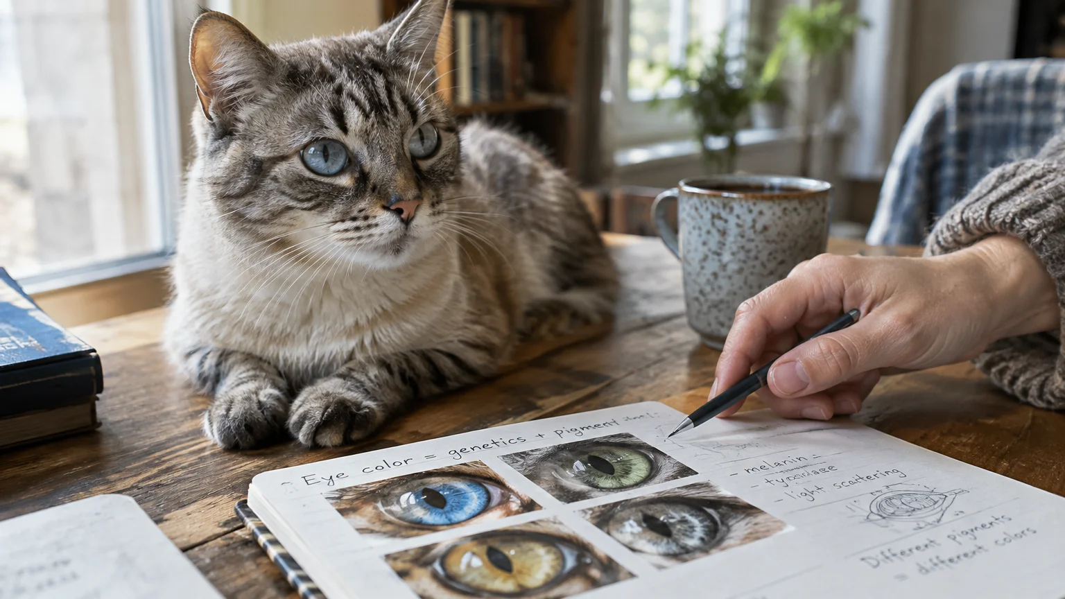A blue-eyed tabby cat rests on a wooden table beside a person sketching feline eye colors in a notebook.