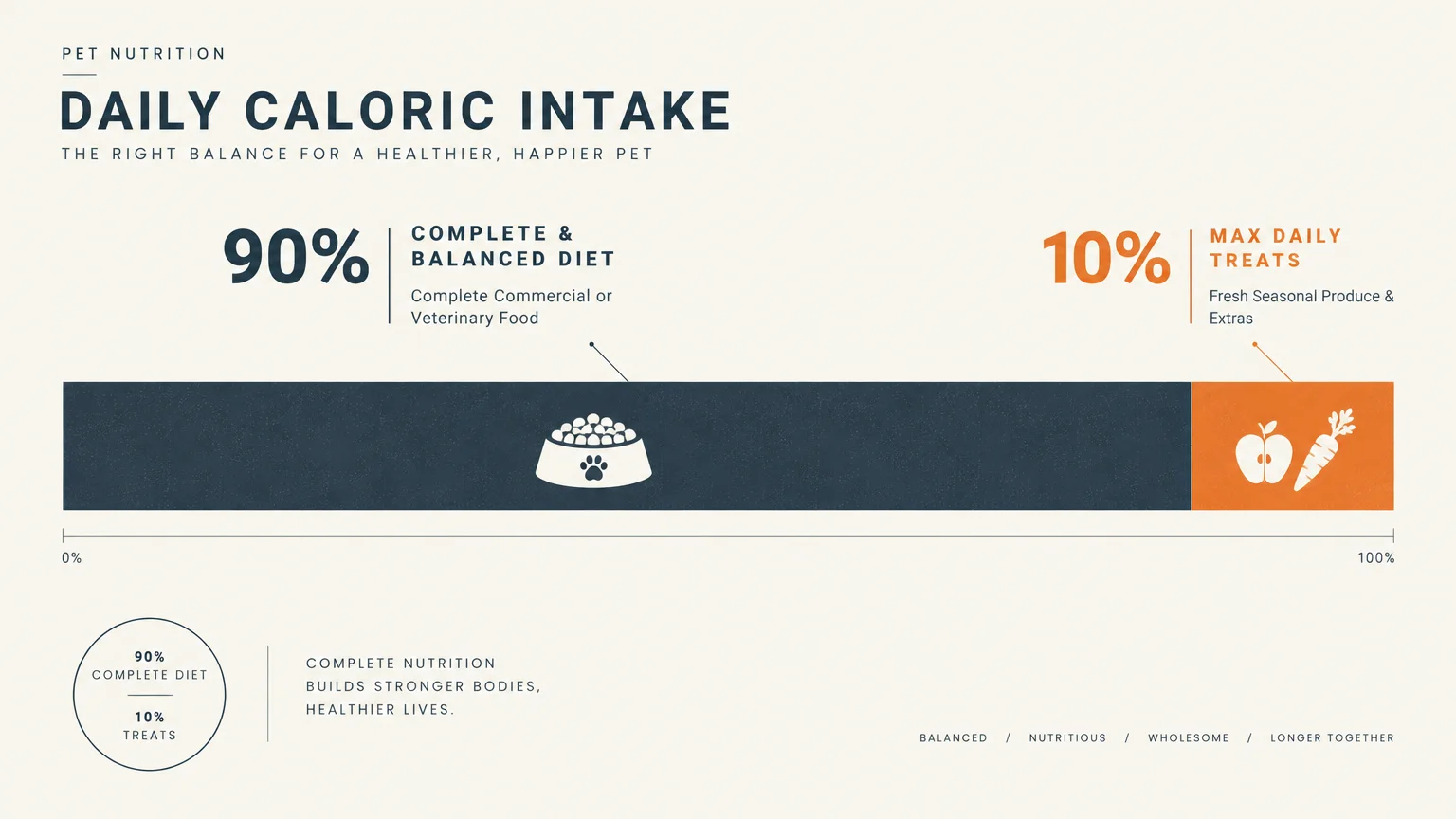 Horizontal bar chart showing pet daily caloric intake split into 90% complete diet and 10% maximum daily treats.