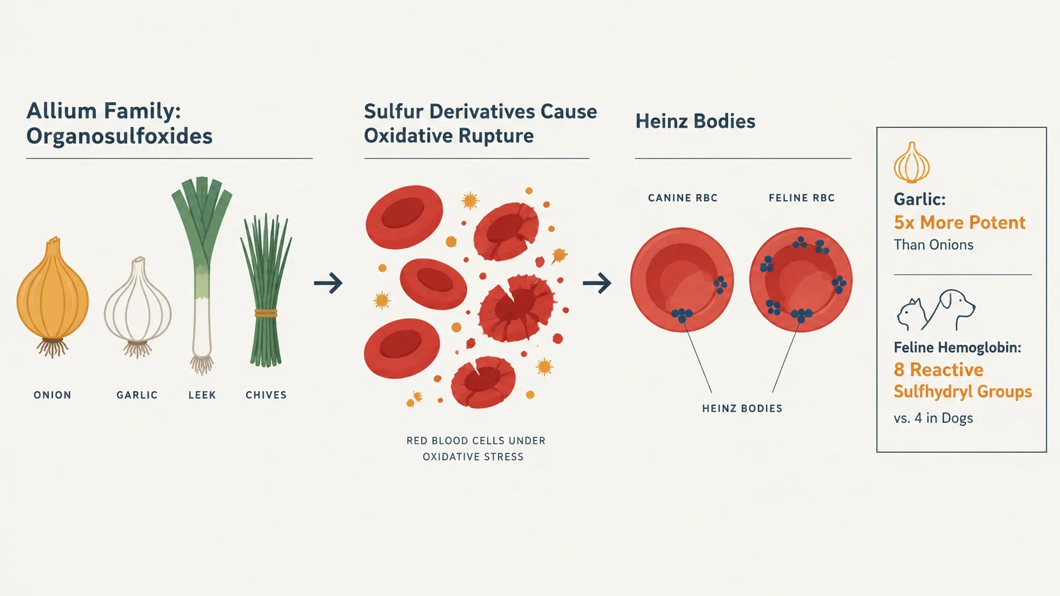 Diagram showing Allium vegetables causing red blood cell oxidative rupture and Heinz bodies in canine and feline cells.