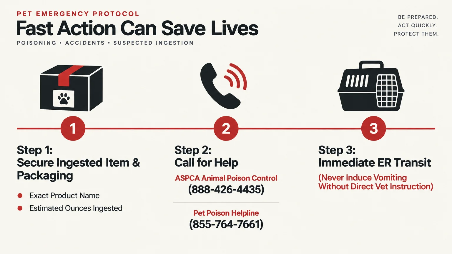 Three-step pet emergency diagram showing icons for securing packaging, calling poison helplines, and immediate ER transit.