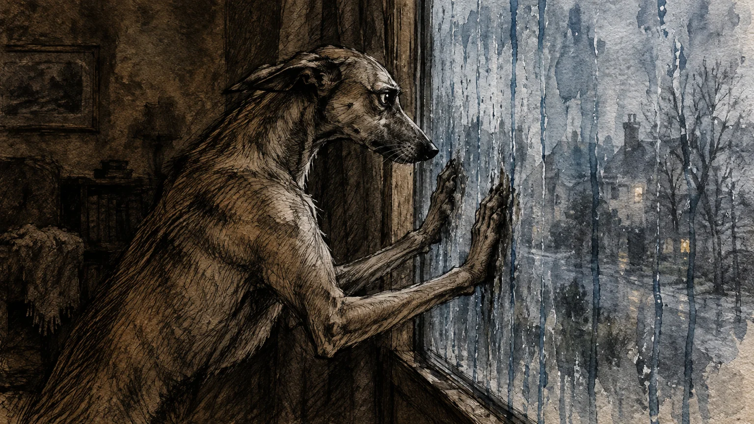 Sketch illustration of an anxious dog leaning its front paws against a rainy windowpane looking outside.