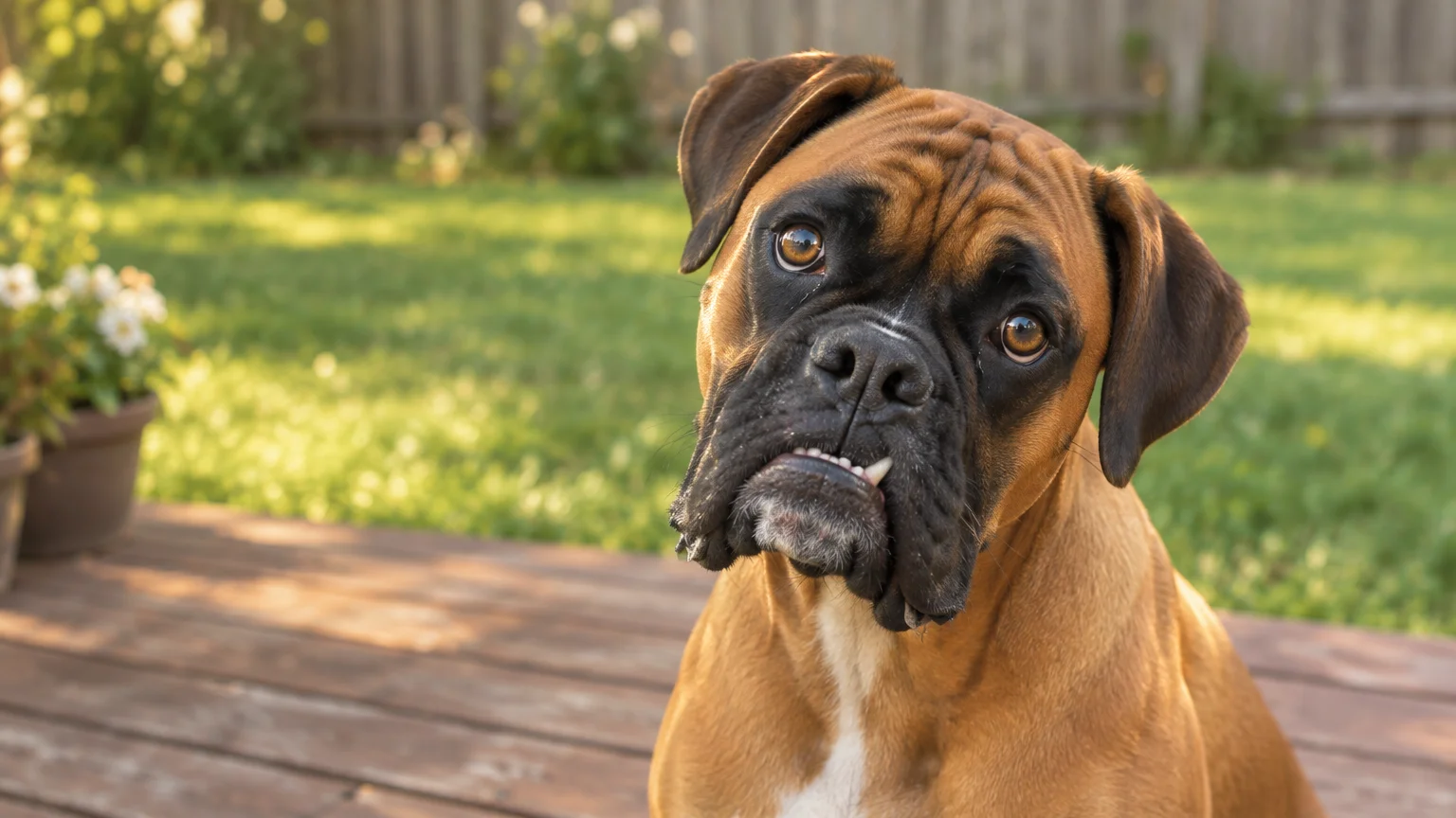 A fawn Boxer with a black mask tilts its head, showing a prominent underbite on a wooden deck outdoors.