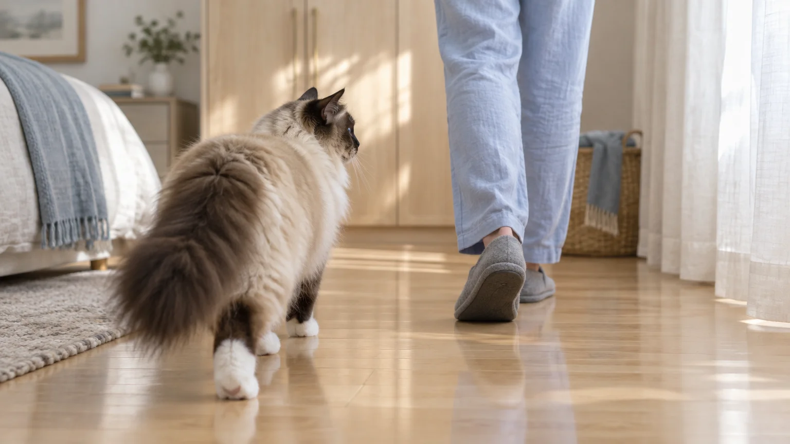 Fluffy Birman cat walking closely behind a person wearing slippers across a polished wooden bedroom floor.